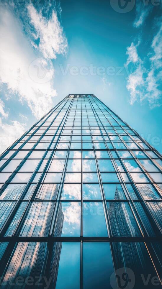 Low angle view of skyscraper with glass windows and blue sky background for business, trade and finance concept photo