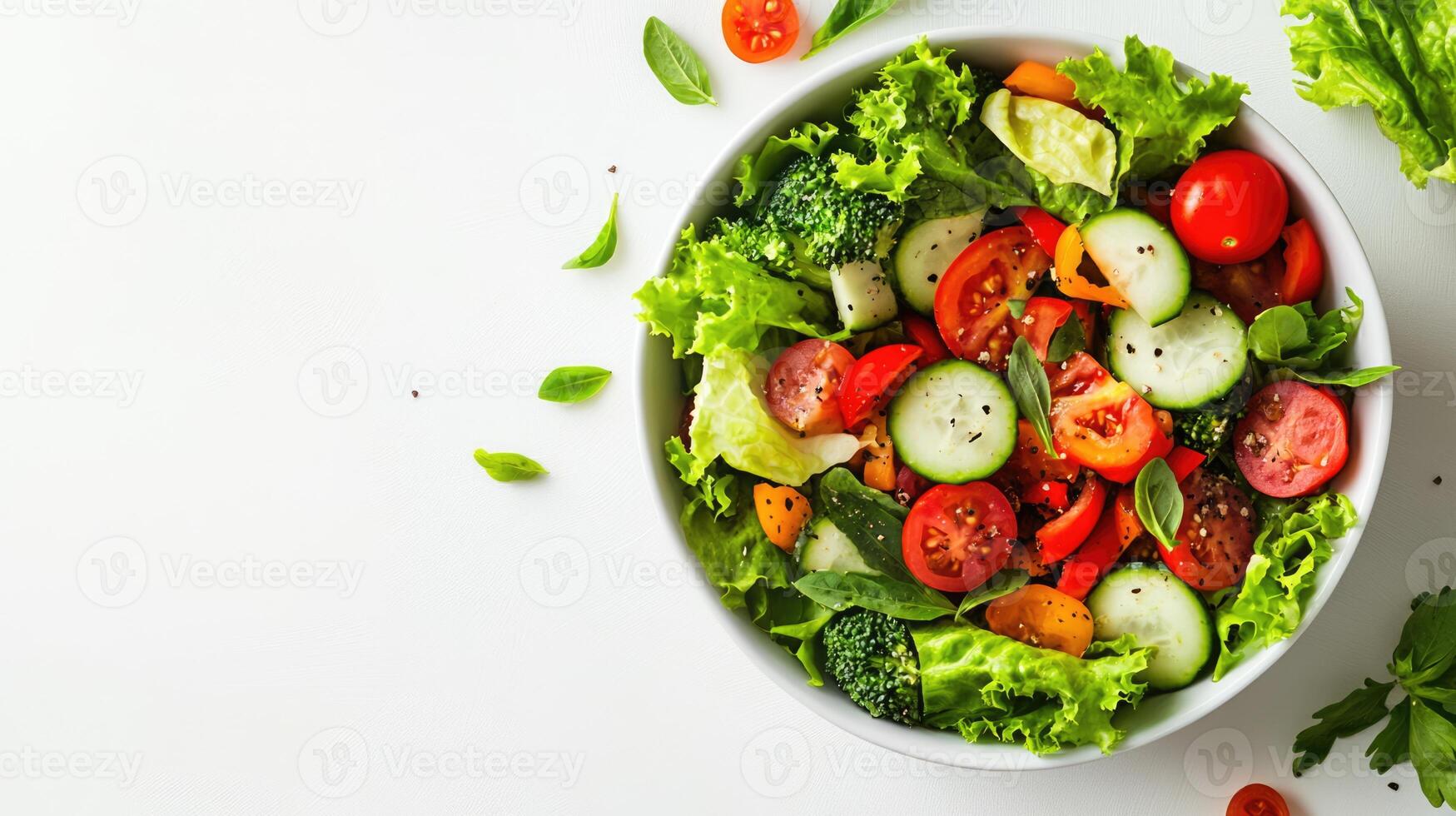 Salad with fresh summer vegetables top view on white background with copy space. Natural organic healthy vegetarian food photo