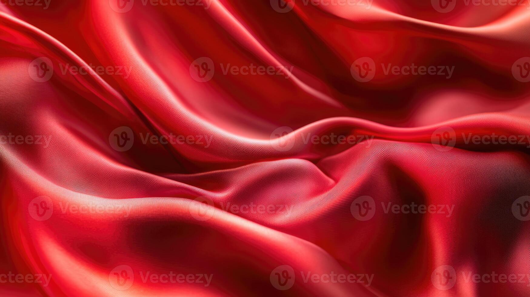 Red soft satin fabric waves background design. Texture with smooth flowing patterns and light shiny effect photo