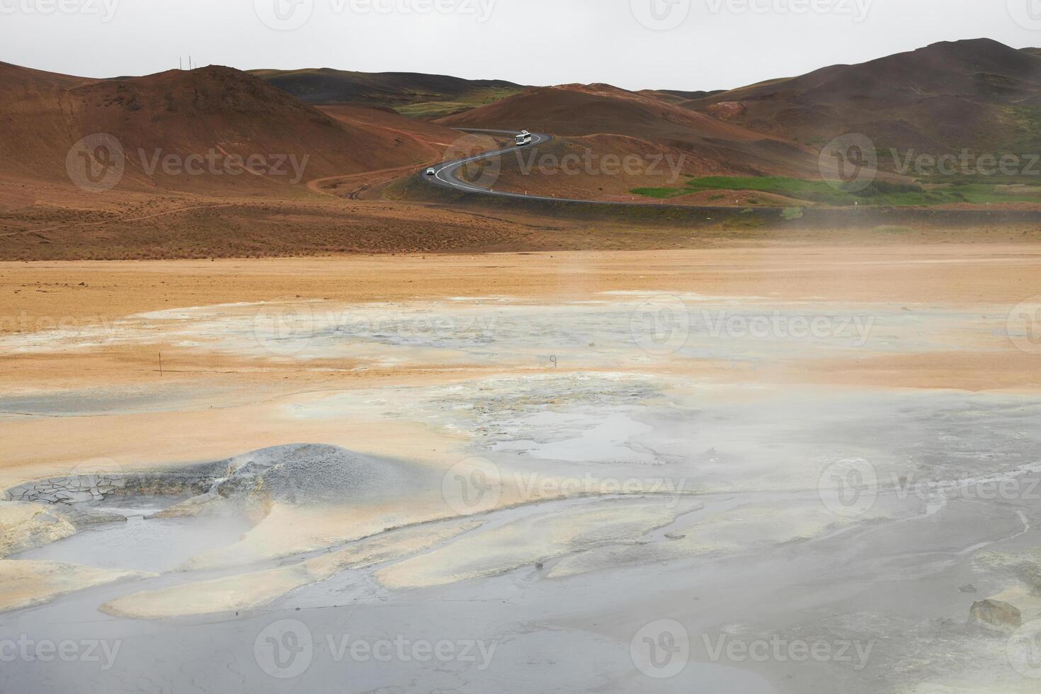 Panoramic view to road of geothermal active zone in Iceland photo