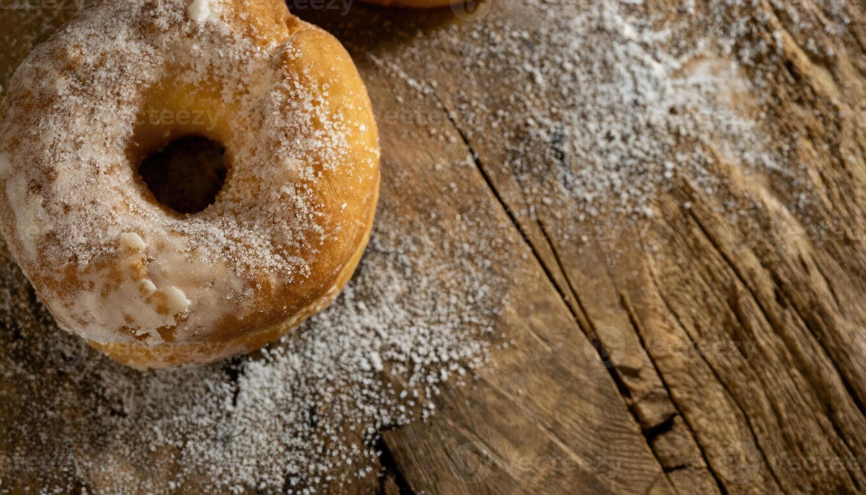 Copy Space image of Donuts with powdered sugar on wooden table on black background photo