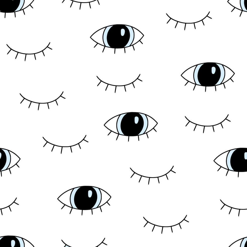 Eye doodle seamless pattern. Hand drawn doodle sketch simple background. Open, wink eyes minimal seamless pattern. Abstract pop beauty background. vector