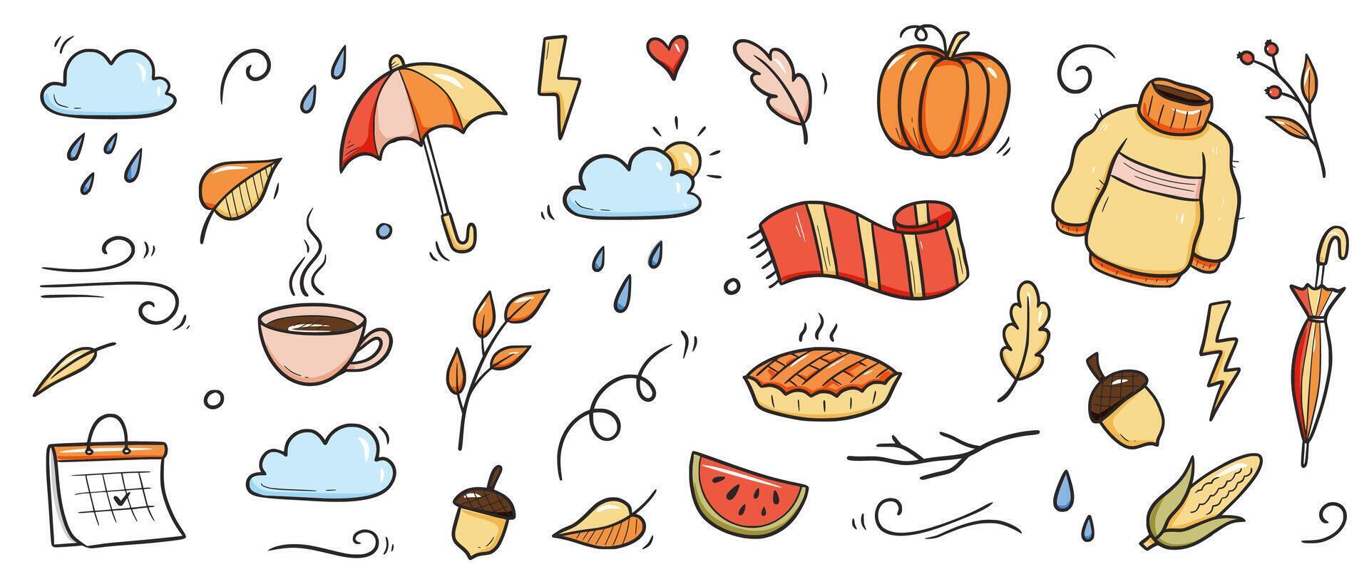 Autumn doodle set. Hand drawn doodle sketch style nature fall season, autumn icon background. Autumn falling leaves, wind season, umbrella sketch elements. vector