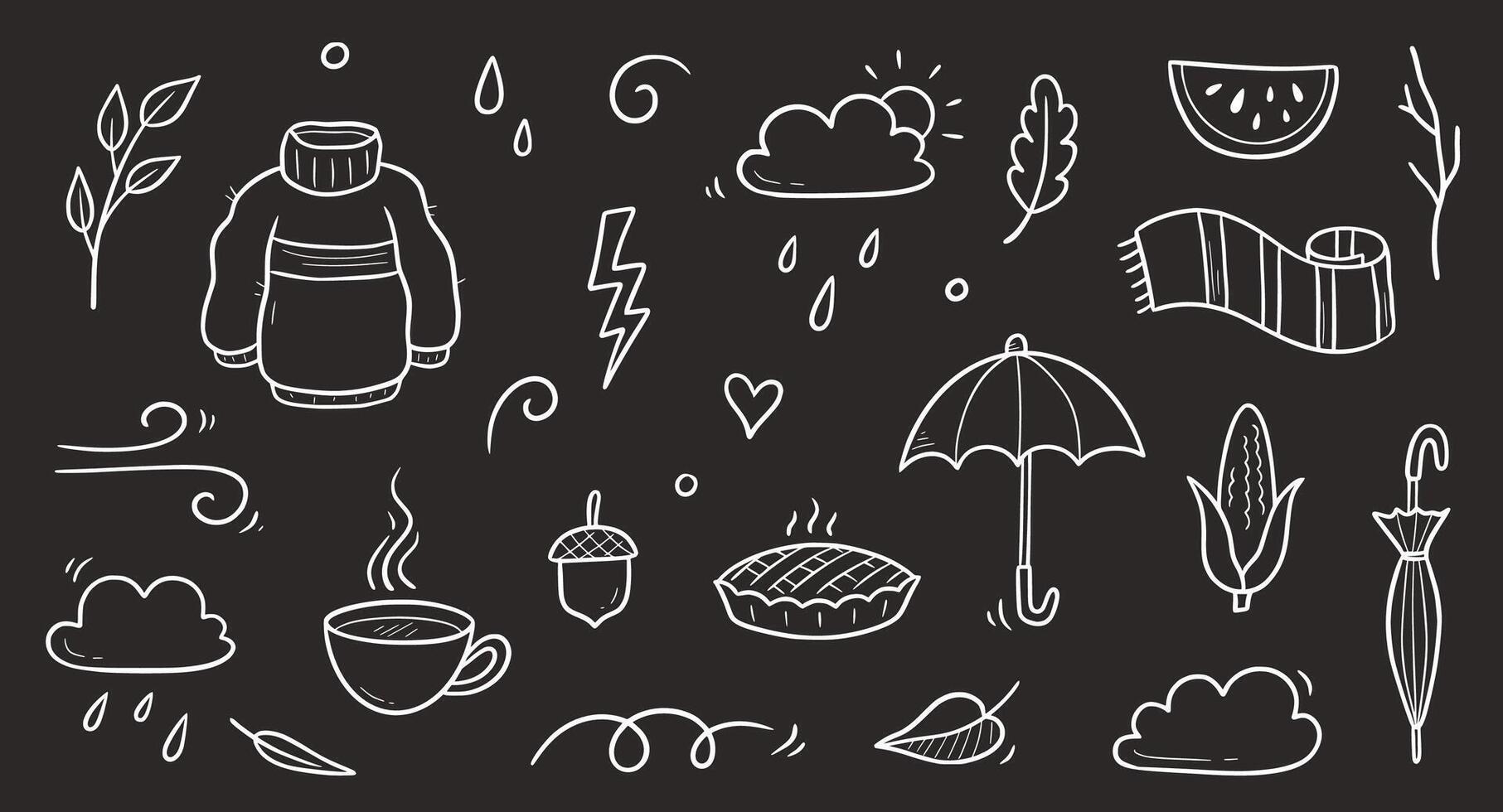 Autumn doodle chalkboard set. Hand drawn doodle sketch style nature fall season, autumn icon background. Autumn falling leaves, wind season, umbrella sketch elements. vector