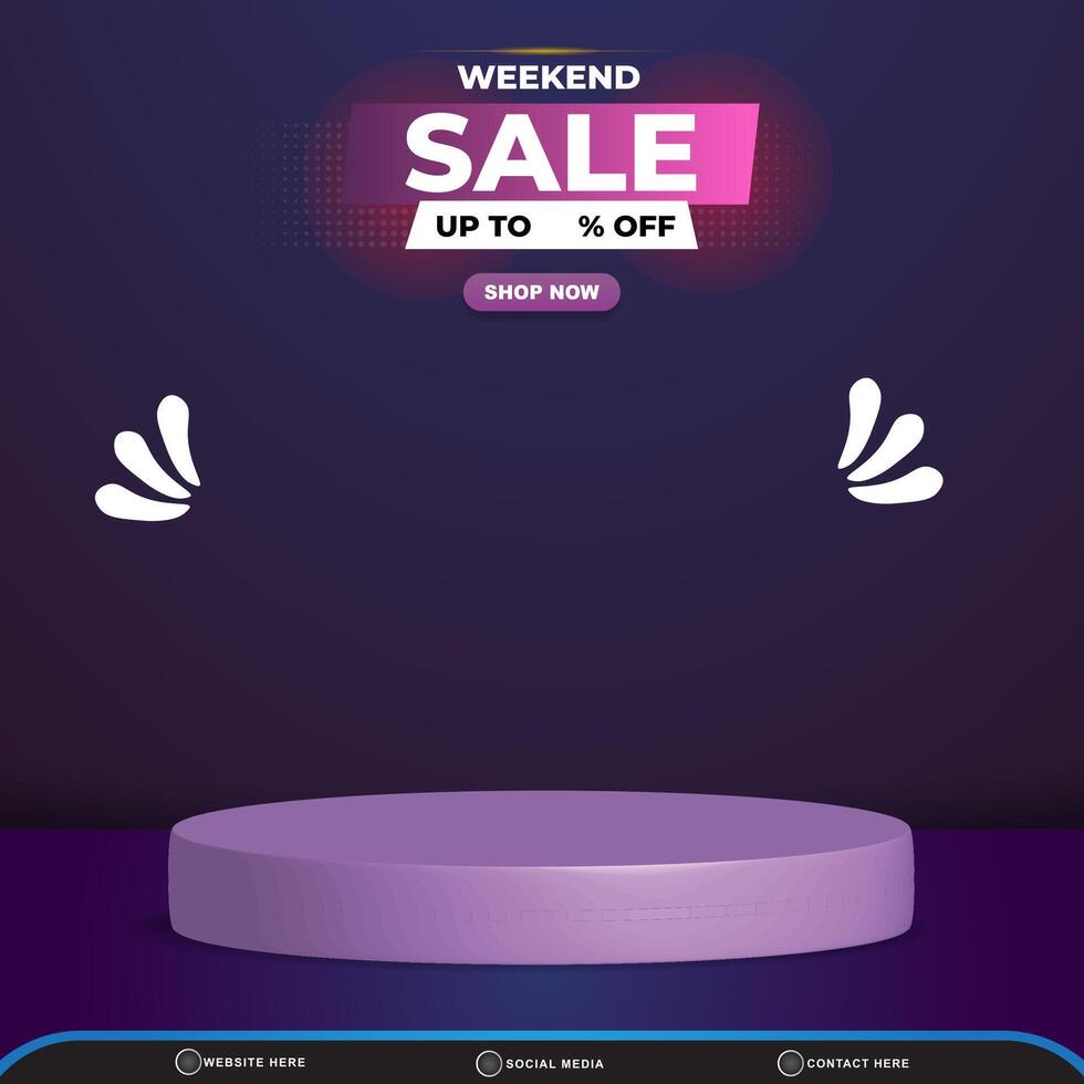 weekend sale discount with square template banner blank space 3d podium for product sale with abstract gradient blue and purple background design vector