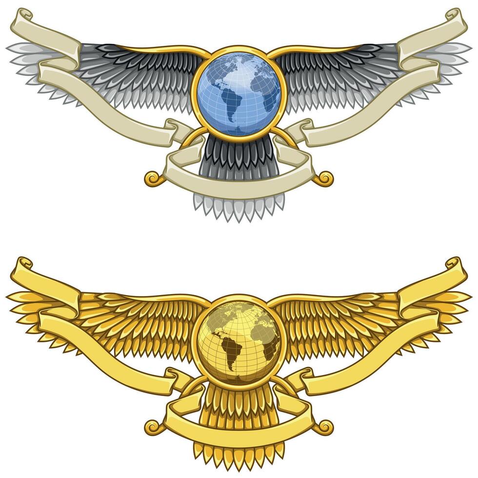 Zoroastrian winged disk with planet and ribbon vector