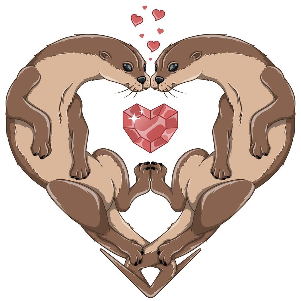 Pair of Marian otters forming a heart vector