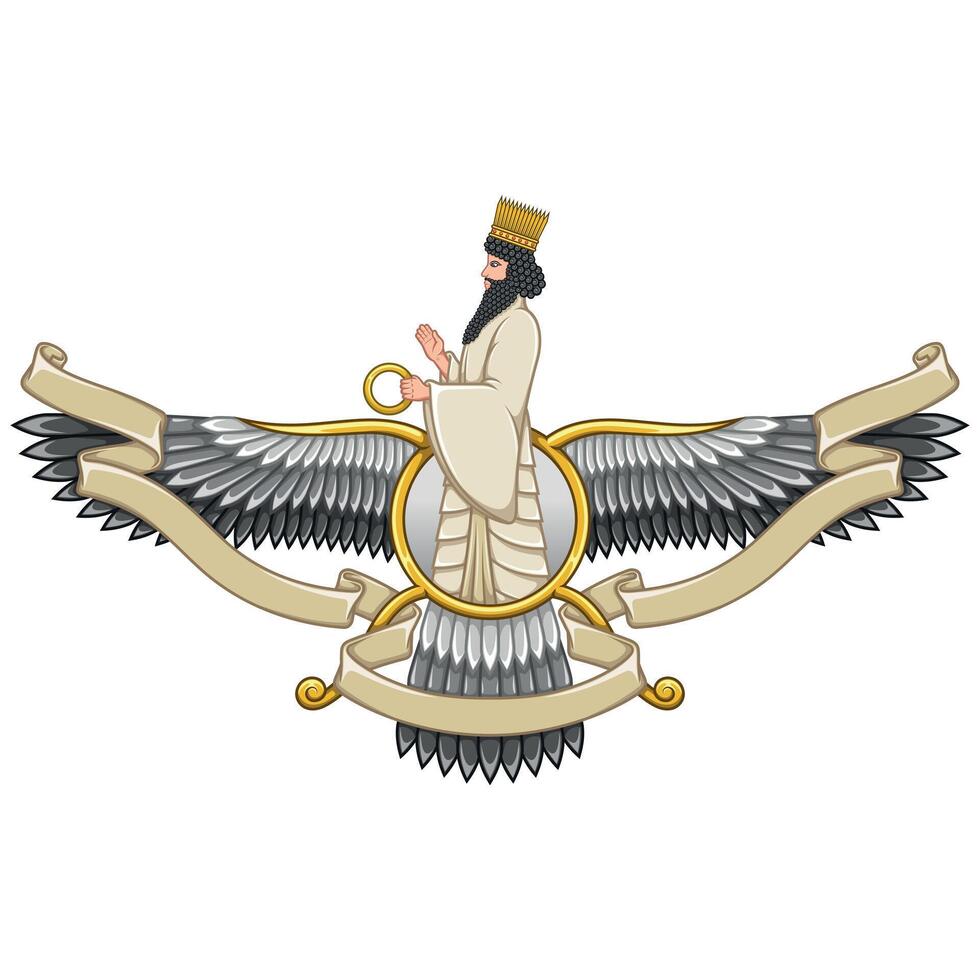 Zoroastrian winged solar disk with ribbon vector
