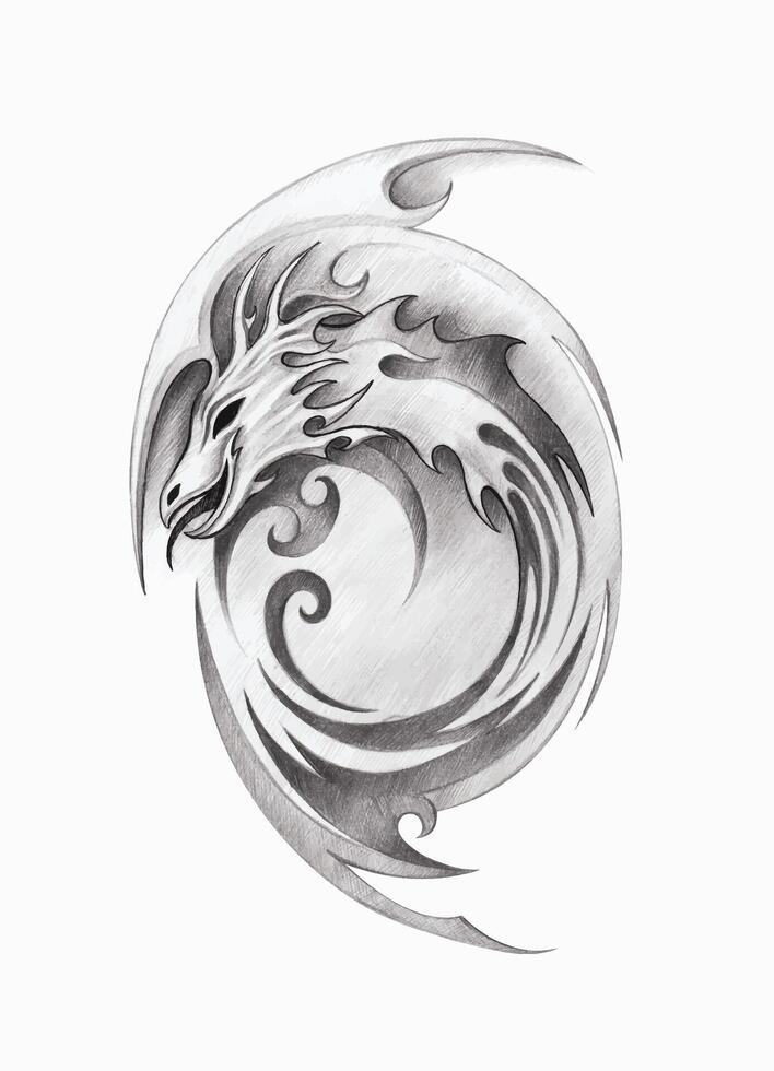 Art design dragon tattoo hand drawing on paper and make graphic . vector