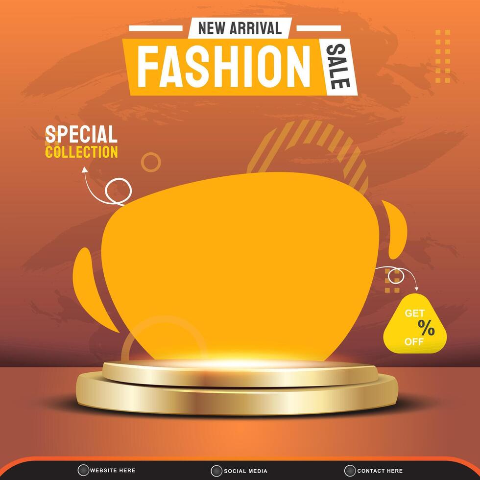 new arrival fashion sale with square template banner blank space 3d podium for product sale with abstract gradient brown and orange background design vector