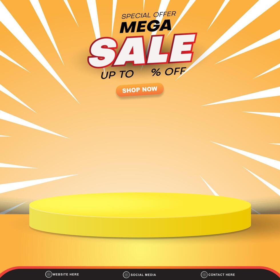 special offer mega sale discount template banner with blank space 3d podium for product sale with abstract gradient orange and yellow background design vector