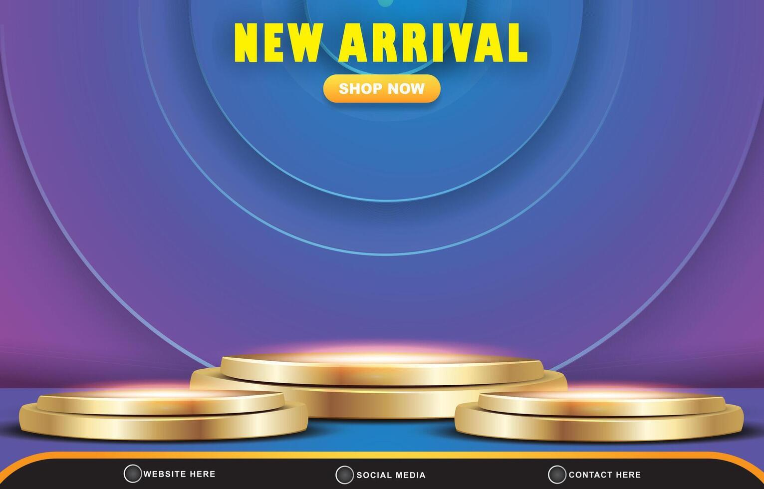 new arrival sale discount template banner with blank space 3d podium for product sale with abstract gradient blue and purple background design vector