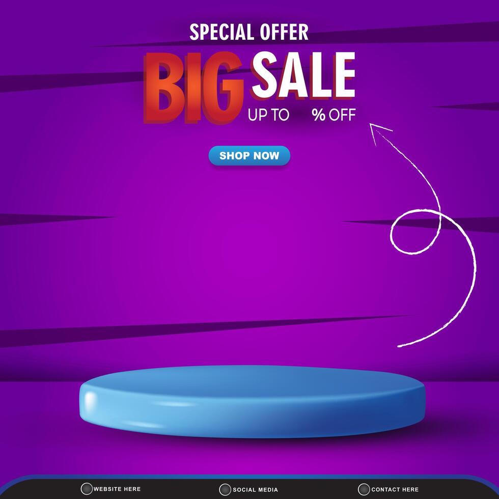 special offer big sale discount with square template banner blank space 3d podium for product sale with abstract gradient purple and blue background design vector