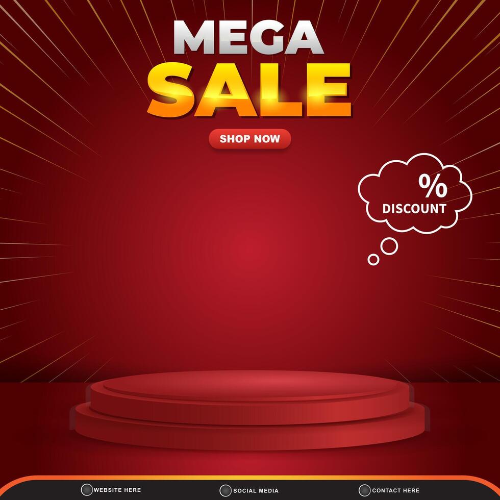 mega sale discount for social media post template banner with copy space 3d podium for product with abstract gradient red background design vector