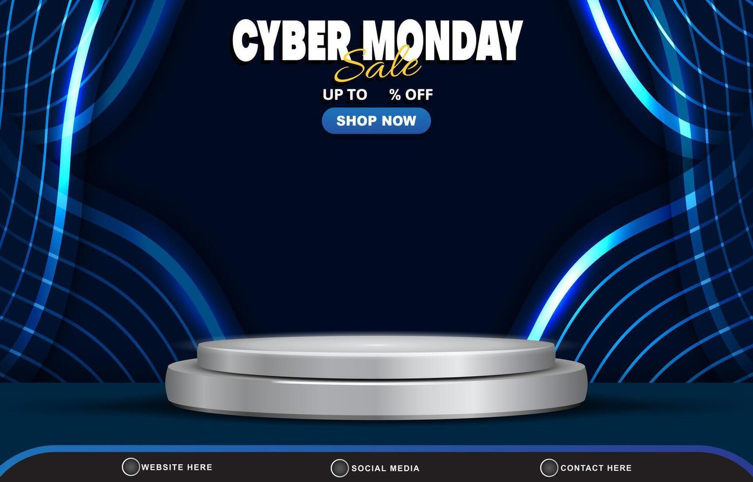 cyber monday sale discount template banner with blank space 3d podium for product sale with abstract gradient dark blue background design vector