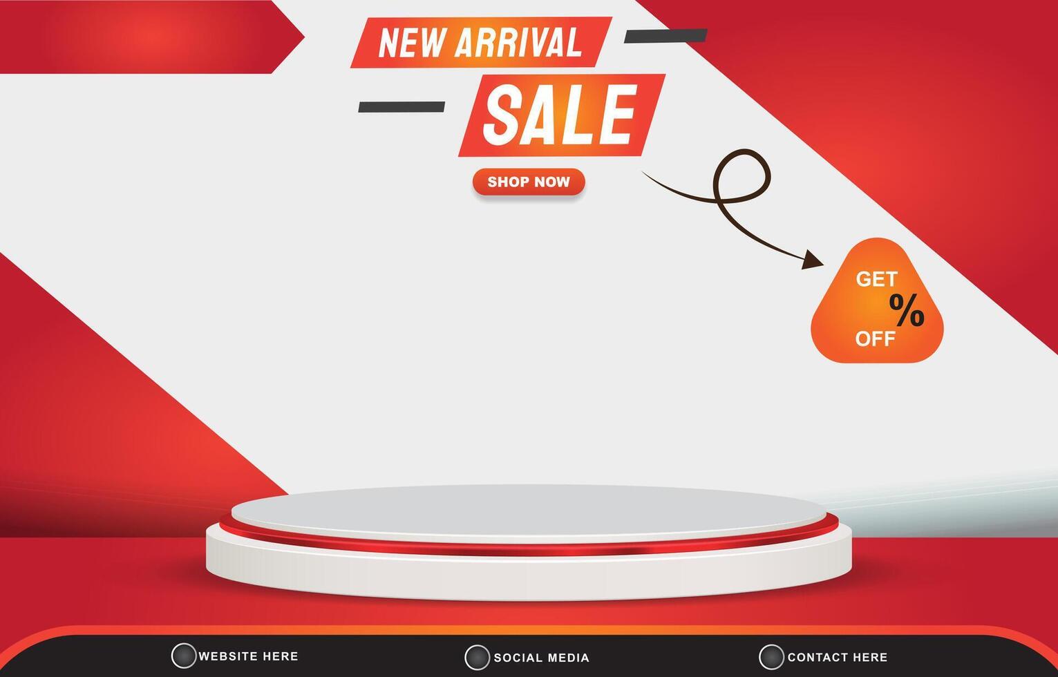 new arrival sale discount with landscape template banner and copy space 3d podium for product sale with abstract gradient red and white background design vector