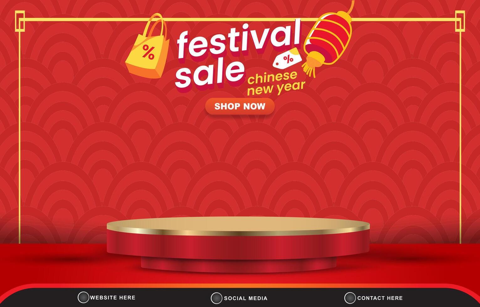 elegant chinese new year sale template banner with blank space 3d podium for product sale with abstract gradient red background design vector