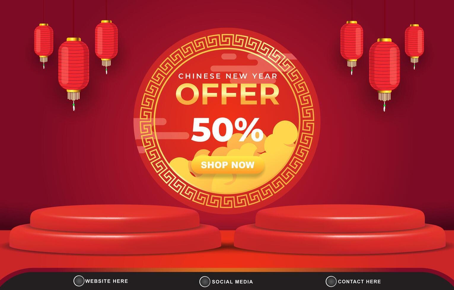 chinese new year offer discount template banner with blank space 3d podium for product sale with abstract gradient red background design vector