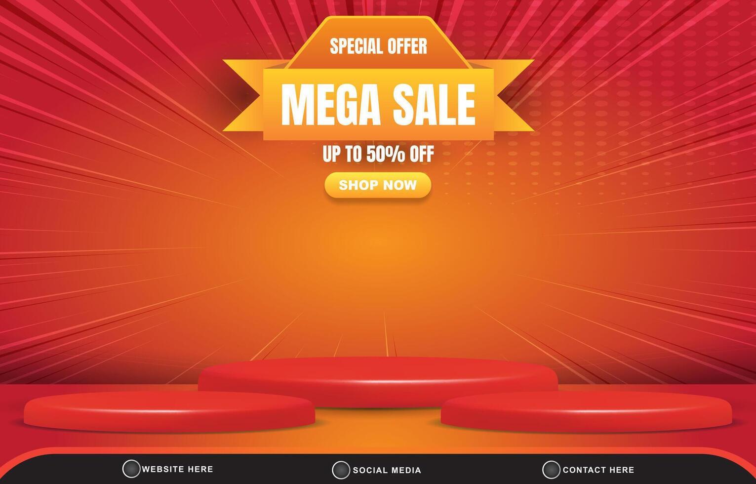 special offer mega sale discount template banner with blank space 3d podium for product sale with abstract gradient red and orange background design vector
