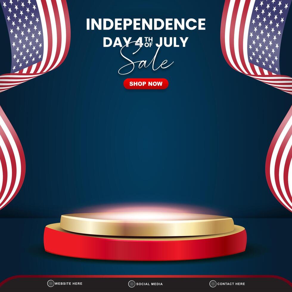 independence day 4th of july sale square banner for social media post with 3d podium for sale with abstract gradient blue background design vector
