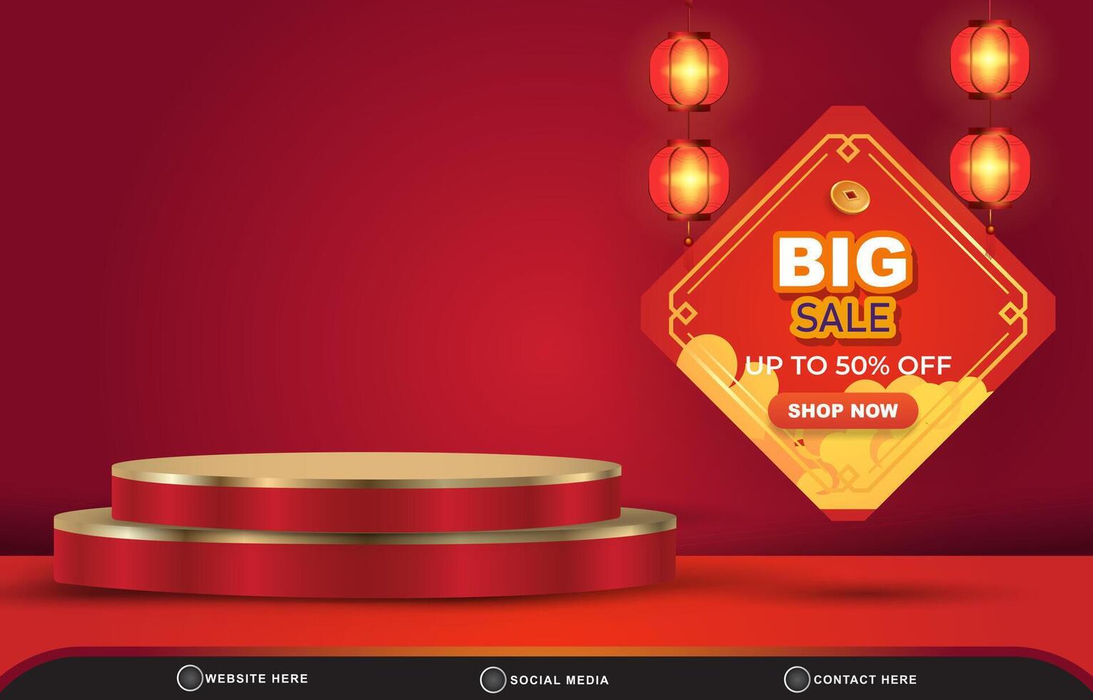 chinese new year big sale discount template banner with blank space 3d podium for product sale with abstract gradient red background design vector