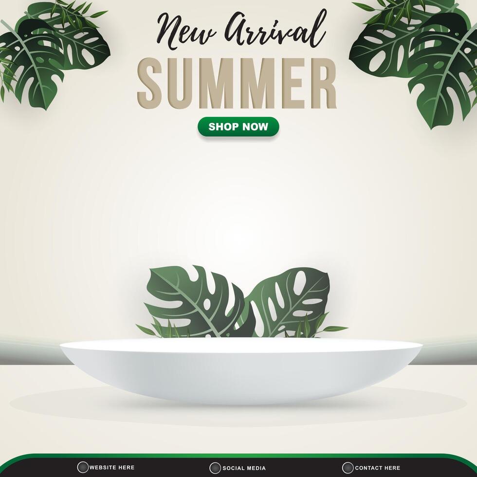 new arrival summer sale square banner for social media post with blank space 3d podium for product sale with abstract gradient white and green background design vector