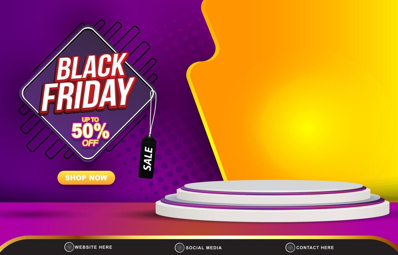 modern 3d black friday discount sale template banner with blank space 3d podium for product sale with abstract gradient purple and orange background design vector