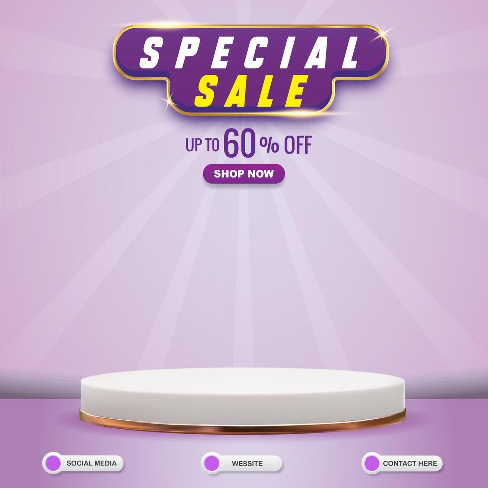 special sale social media template banner post with blank space 3d podium for product sale with abstract gradient purple and white background design vector