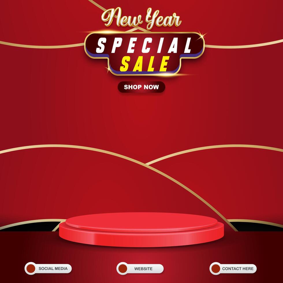 new year special sale social media template banner post with blank space 3d podium for product sale with abstract gradient red background design vector