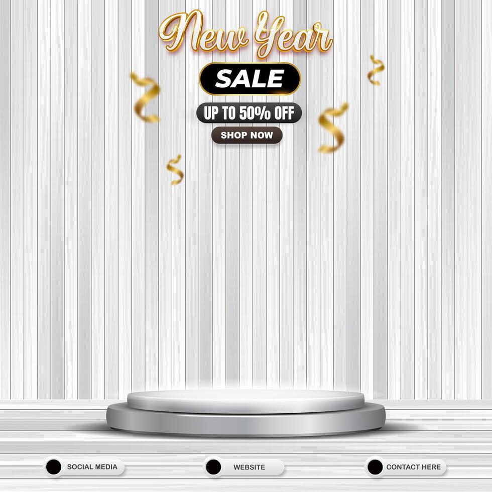 beautiful new year sale social media template banner post with blank space 3d podium for product with gradient white background vector