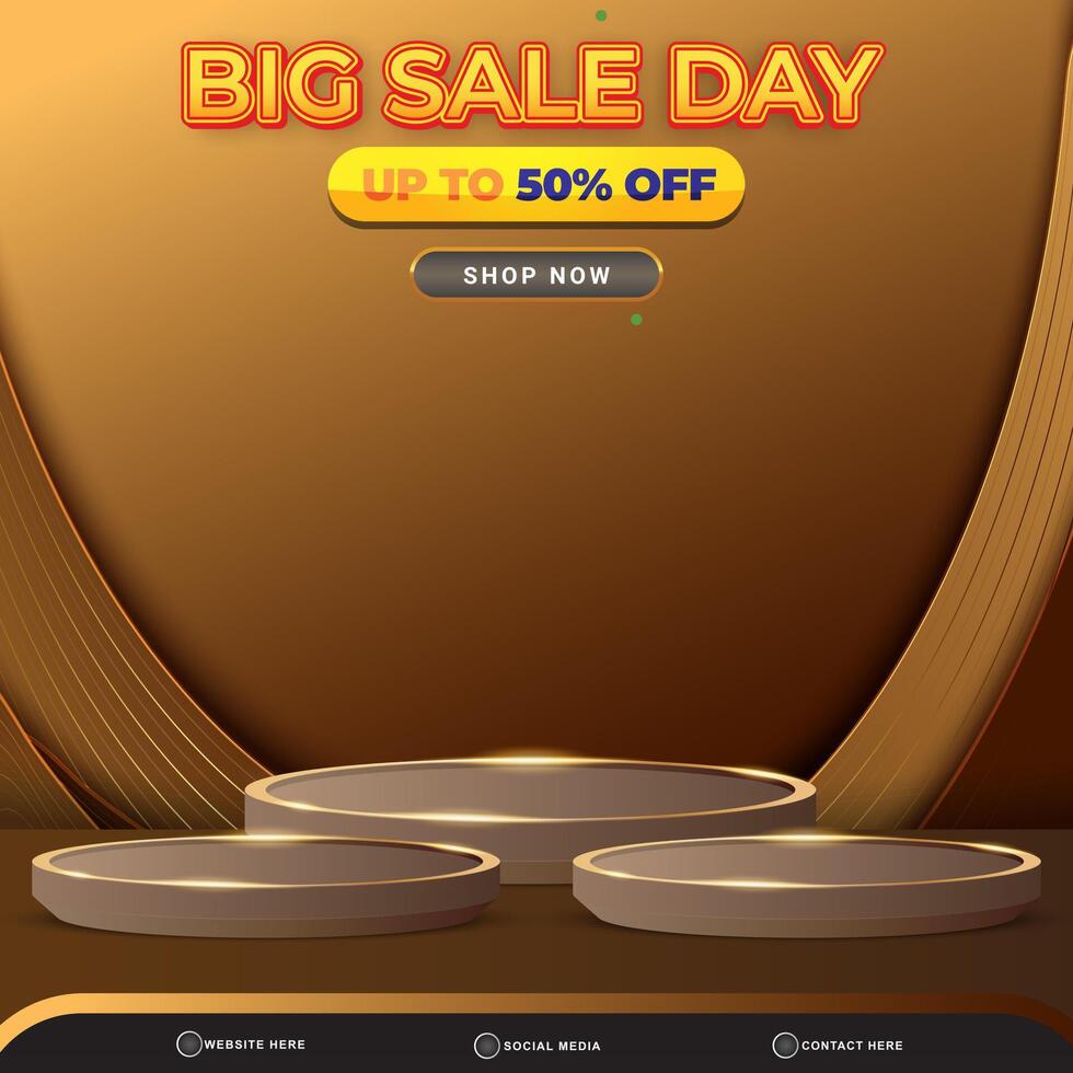 big sale discount banner social media template post with blank space 3d podium for product with abstract brown and golden gradient background design vector