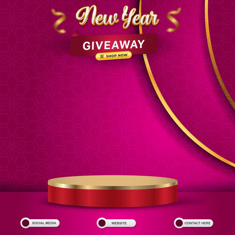 new year giveaway social media template banner post with blank space podium for product sale with abstract gradient purple and pink background design vector