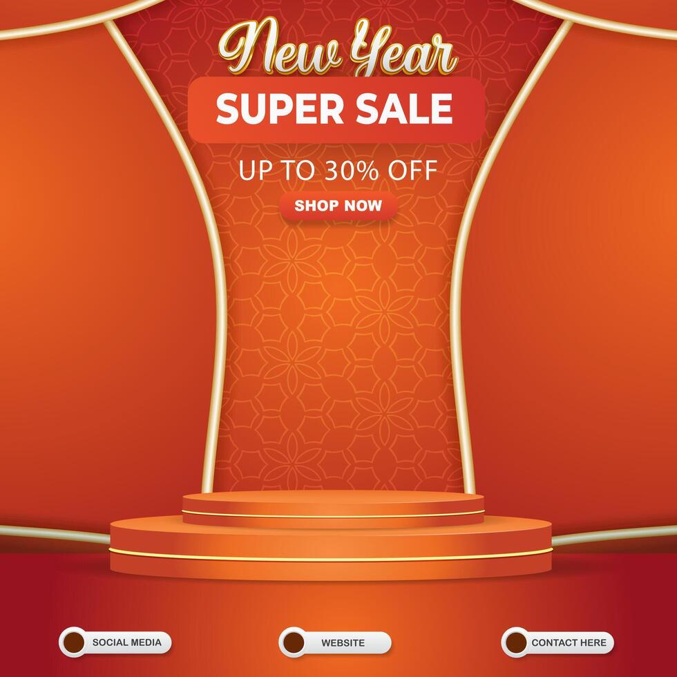 new year super sale discount social media template banner post with blank space 3d podium for product sale with abstract gradient red and orange background design vector