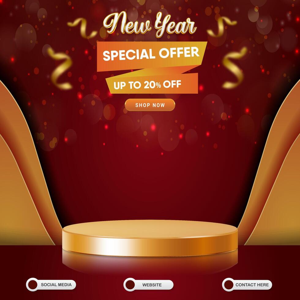 new year special offer sale discount social media template banner post with blank space 3d podium for product sale with abstract gradient red and orange background design vector
