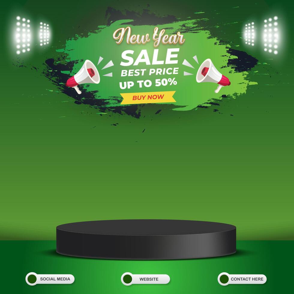 new year sale best price discount social media template banner post with blank space 3d podium for product sale with abstract gradient green background design vector