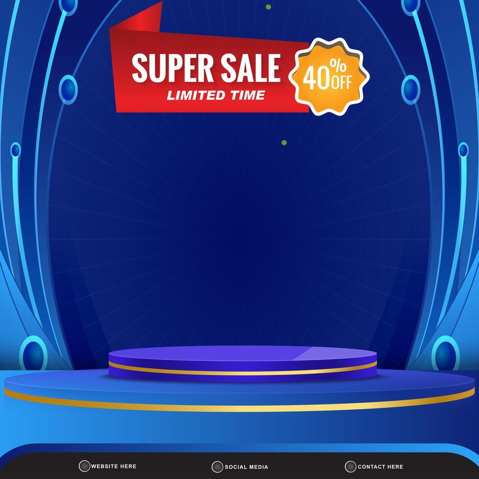 super sale discount banner for social media template post with blank space 3d podium for product with abstract blue gradient background design vector