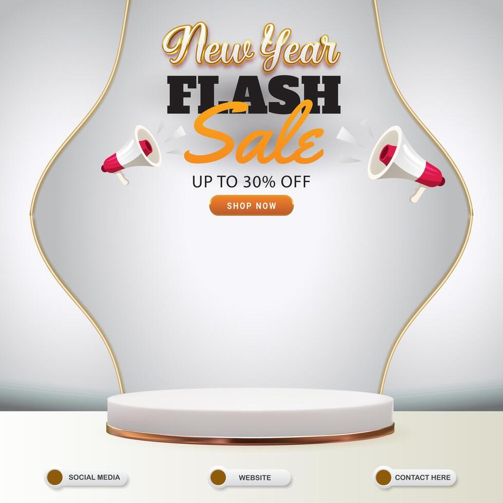 new year flash sale social media template banner post with blank space podium for product sale with abstract gradient white background design vector