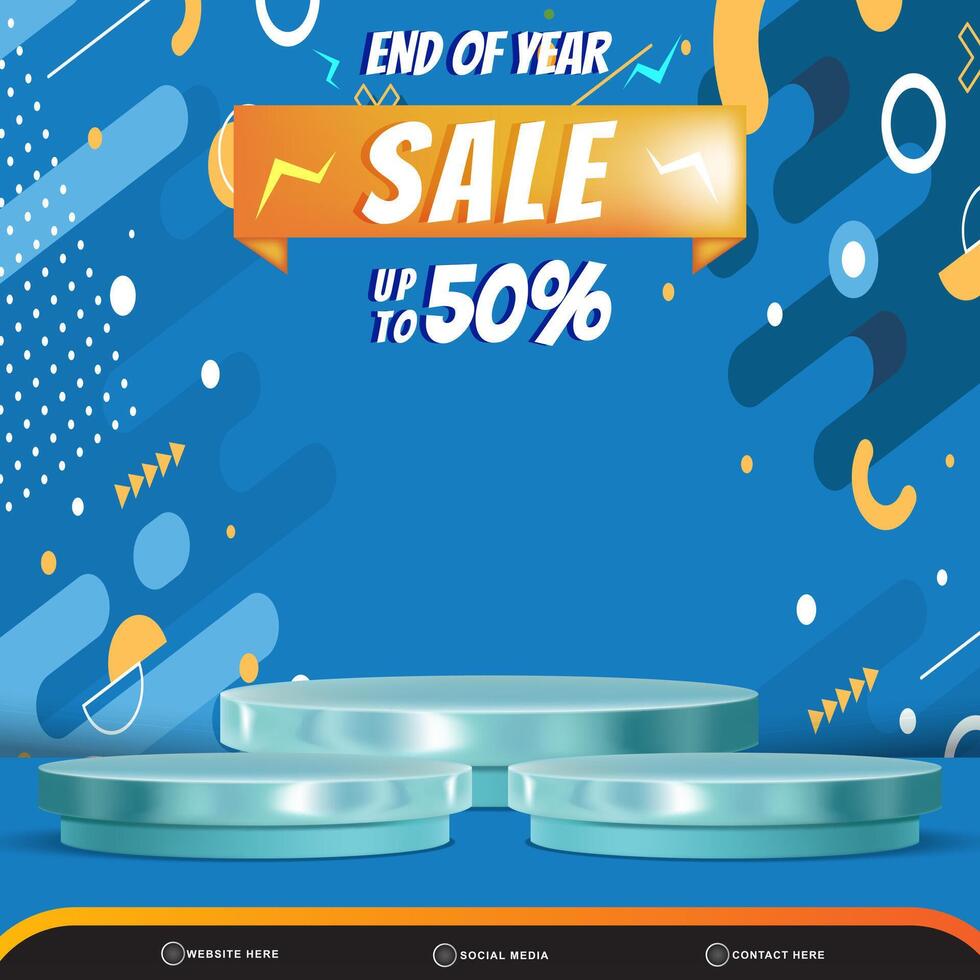 end of year sale banner social media template post with blank space 3d podium for product with abstract blue gradient background design vector