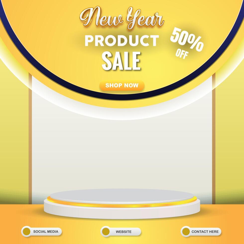 new year product sale discount social media template banner post with blank space 3d podium for product sale with abstract gradient yellow background design vector