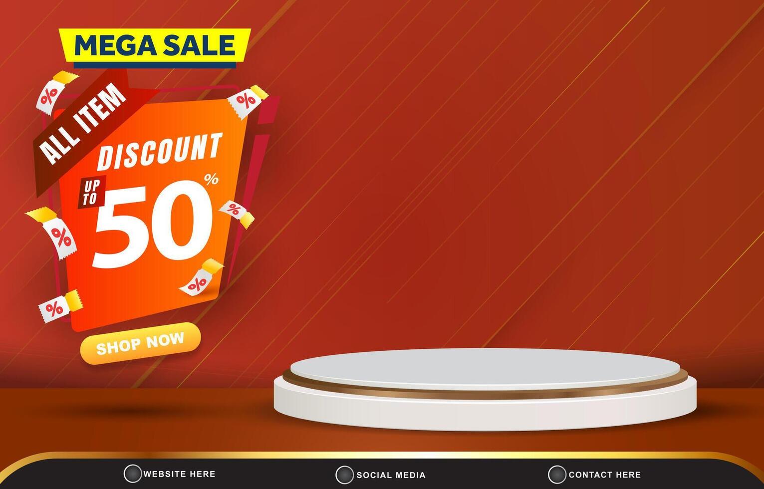3d mega sale discount template banner with blank space 3d podium for product sale with abstract gradient red and orange background design vector