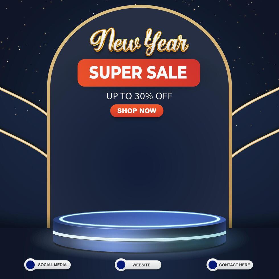new year super sale social media template banner post with blank space podium for product sale with abstract gradient blue background design vector