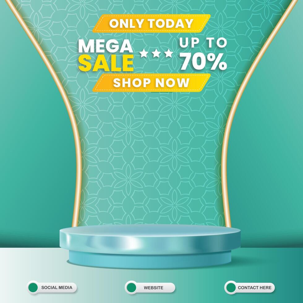 mega sale discount social media template banner post with blank space 3d podium for product sale with abstract gradient green and blue background design vector
