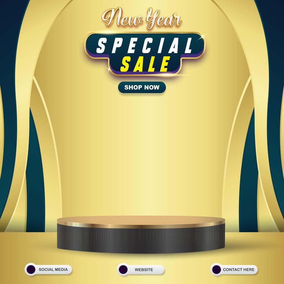 new year special sale social media template banner post with blank space 3d podium for product sale with abstract gradient golden and yellow background design vector