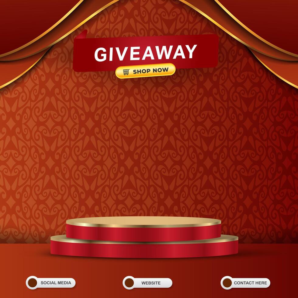giveaway social media template banner post with blank space 3d podium for product sale with abstract gradient red and orange background design vector