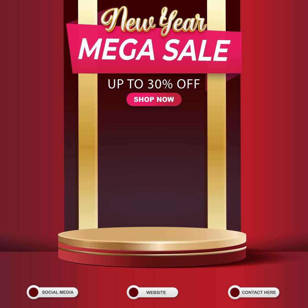 new year mega sale discount social media template banner post with blank space 3d podium for product sale with abstract gradient red background design vector
