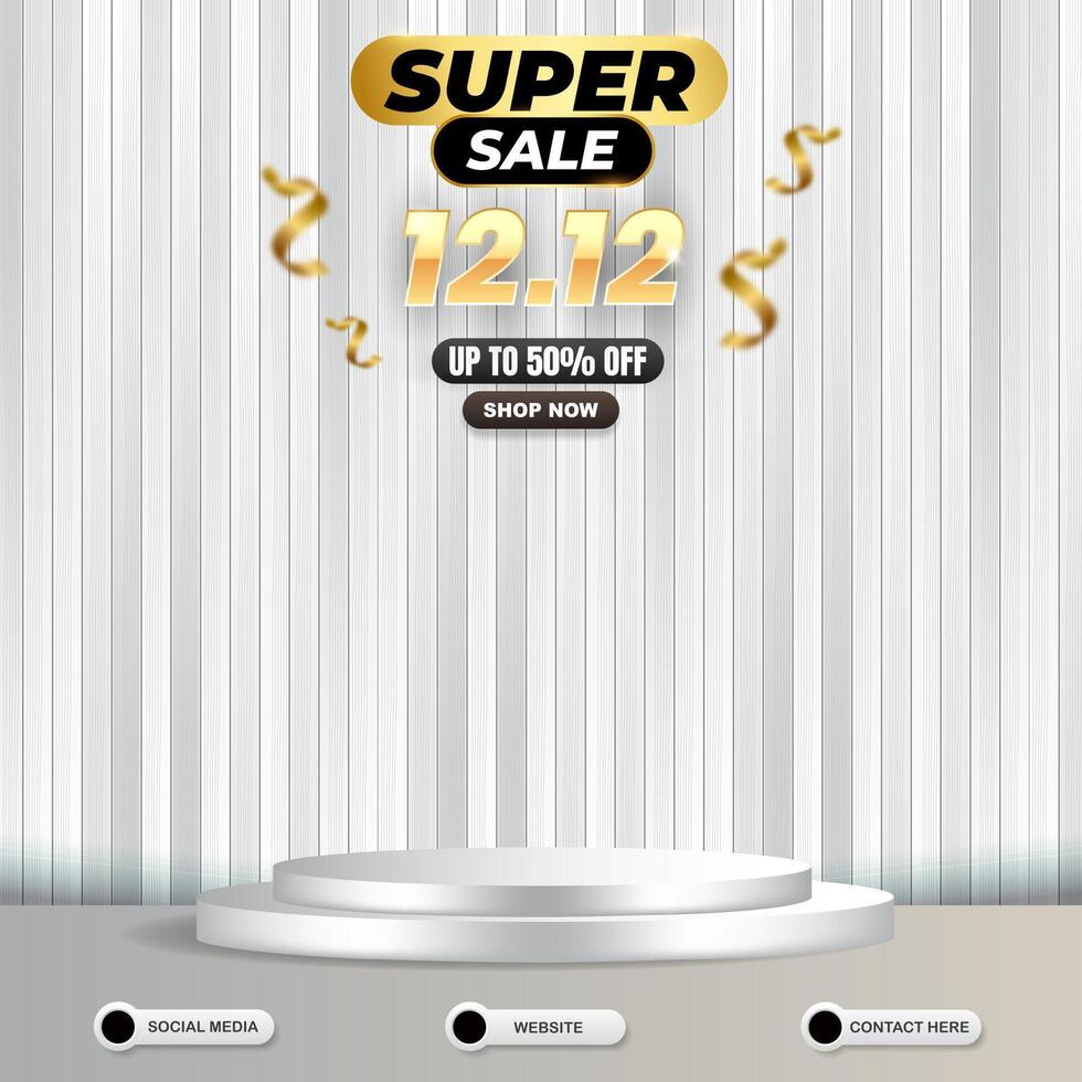 super sale 12.12 of december social media template banner post with blank space 3d podium for product sale with gradient white and grey background vector