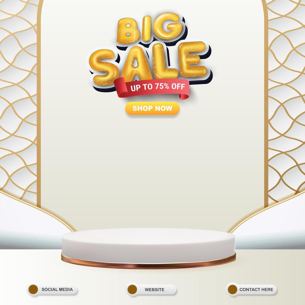 big sale discount social media template banner post with blank space podium for product sale with abstract gradient white and golden background design vector