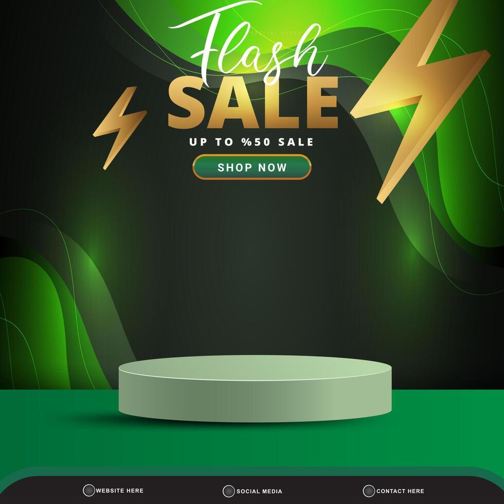 flash sale discount banner social media template post with blank space 3d podium for product with abstract black and green gradient background design vector