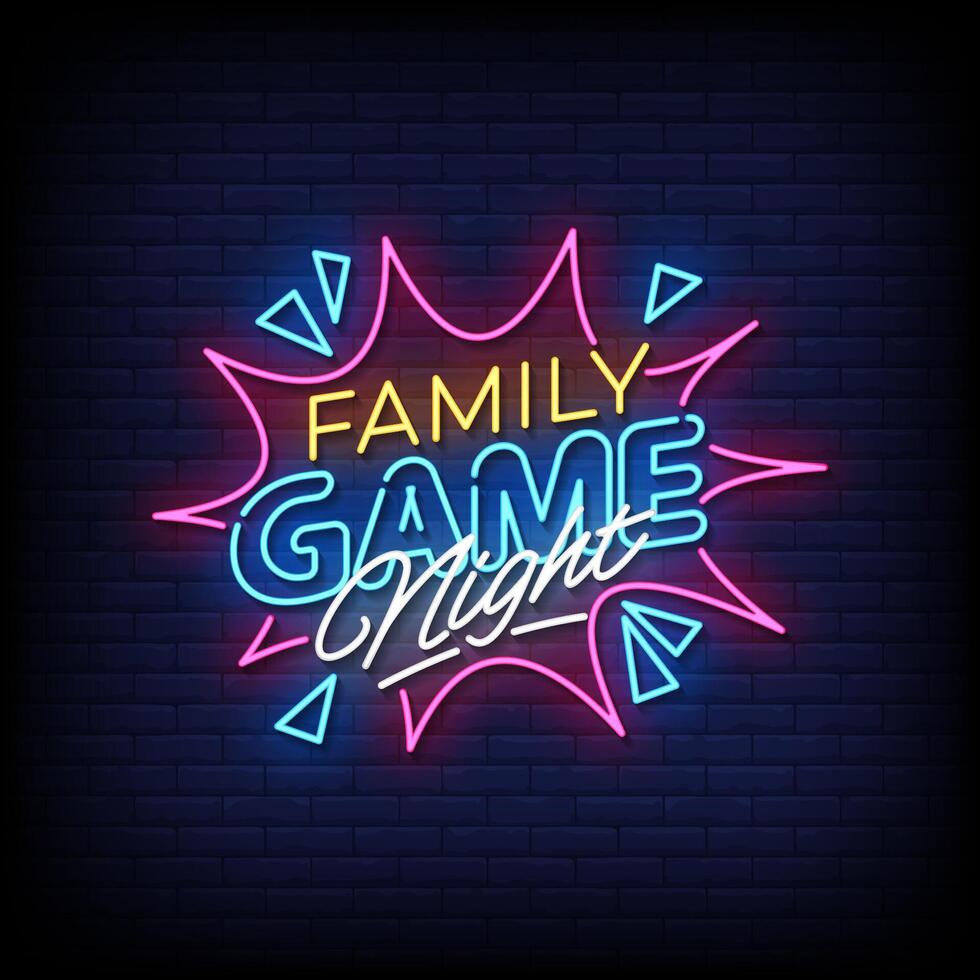 family game night neon sign with brick wall background vector