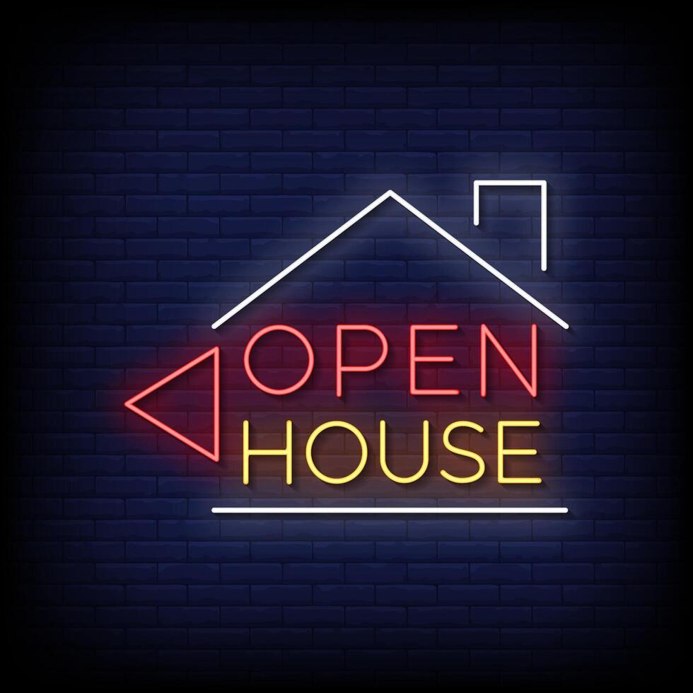 open house neon sign with brick wall background vector